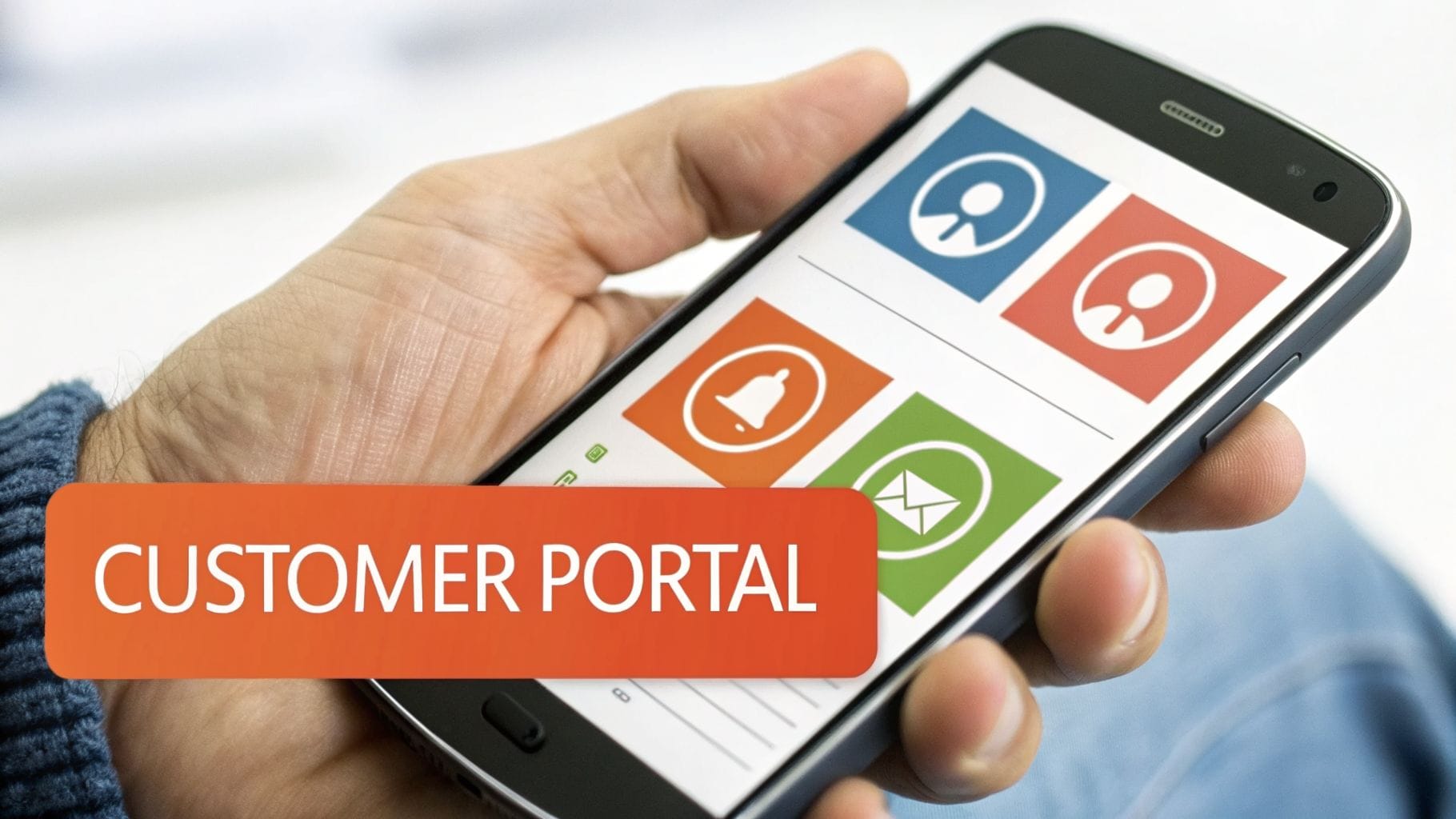 A person’s hand holds a smartphone displaying a customer portal interface with colorful icons for notifications, account settings, and messages. The text "CUSTOMER PORTAL" overlays the image