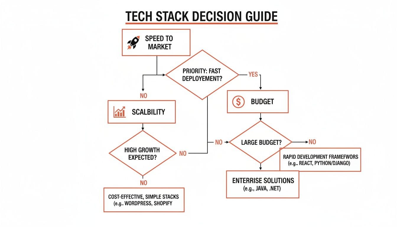 Flowchart illustrating a tech stack decision guide featuring categories like speed to market, scalability, budget, and solutions such as cost-effective stacks and enterprise options.
