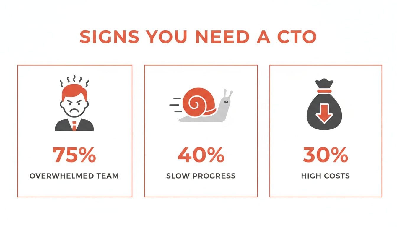 Three icons representing signs you need a CTO: a frustrated man (75%), a slow-moving snail (40%), and a downward-pointing money bag (30%), each accompanied by corresponding text.