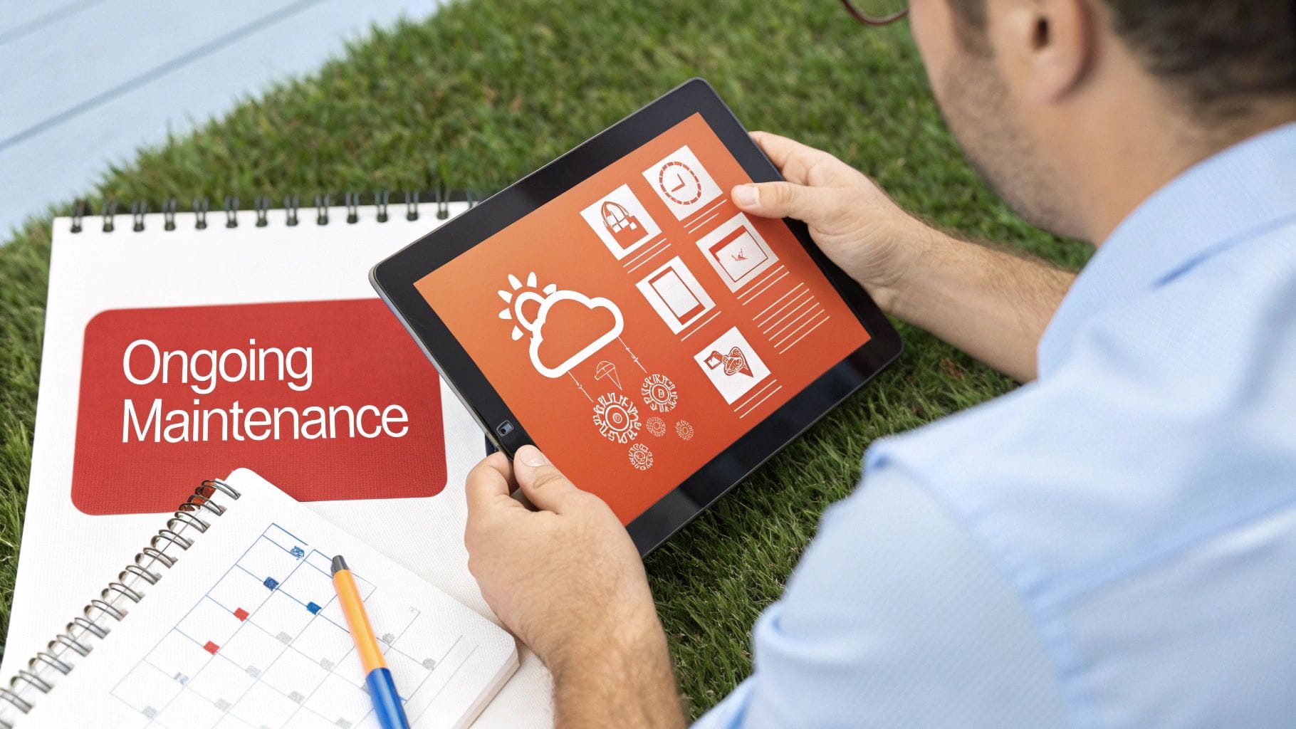 A person sitting on grass holds a tablet displaying various app maintenance icons. Nearby, a notepad labeled "Ongoing Maintenance" and a calendar are visible.