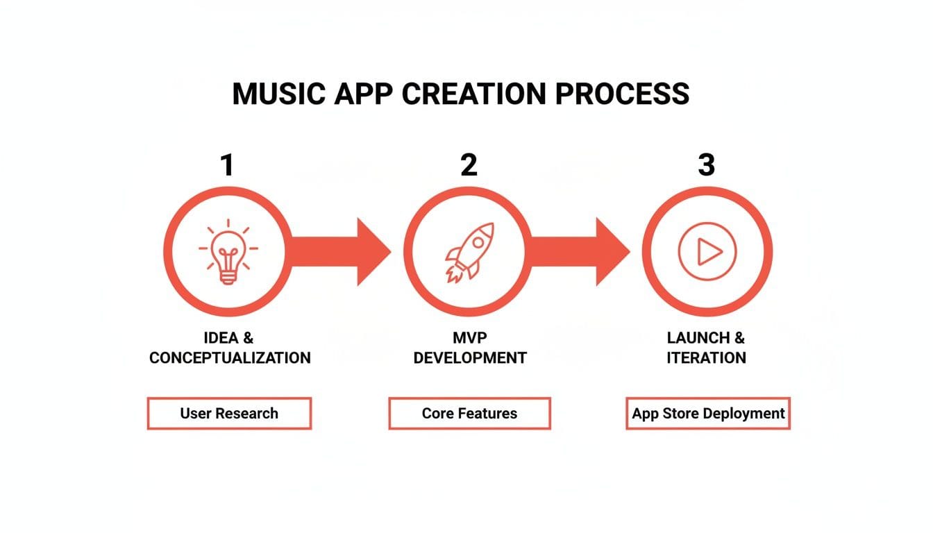 Flowchart illustrating the music app creation process, divided into three stages: Idea & Conceptualization, MVP Development, and Launch & Iteration, with relevant actions listed below each s