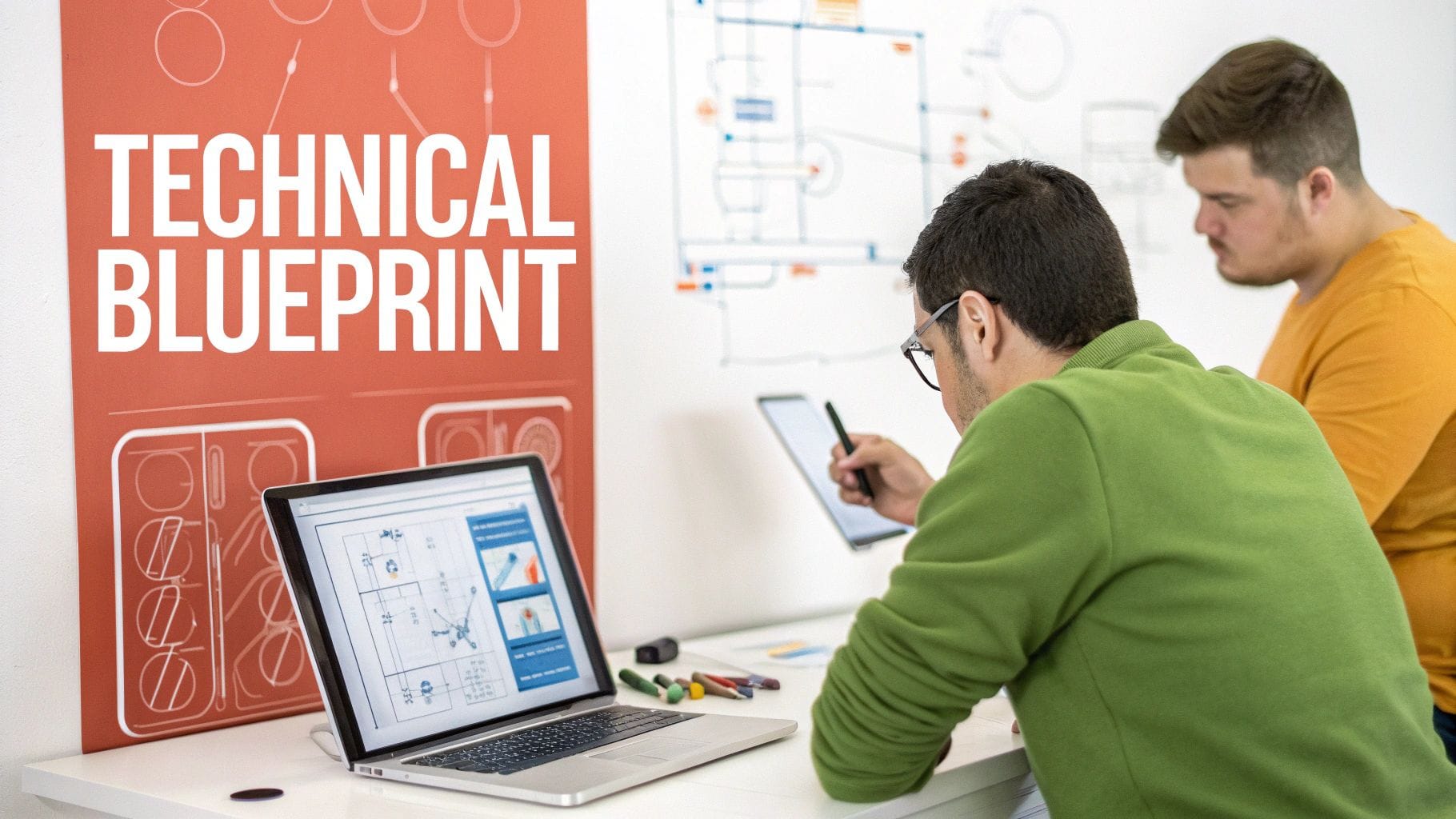 Two individuals are seated at a table, focused on their work. One is using a laptop displaying a technical blueprint, while the other writes notes. A "Technical Blueprint" poster is on the w