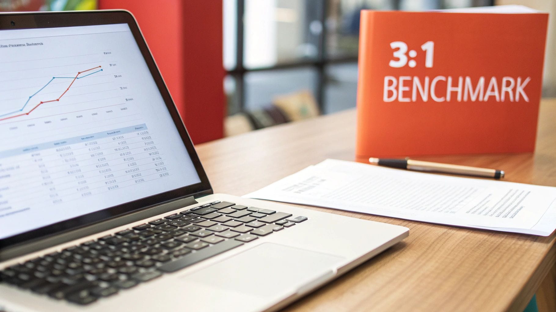 A laptop displaying a graph and data table sits on a wooden desk, next to a piece of paper and a pen. A bright orange folder with "3:1 BENCHMARK" is visible in the background.
