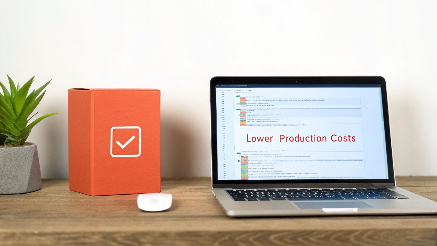 A laptop displays a document with the words "Lower Production Costs" in red. An orange box with a checkmark sits next to a green potted plant on a wooden desk.