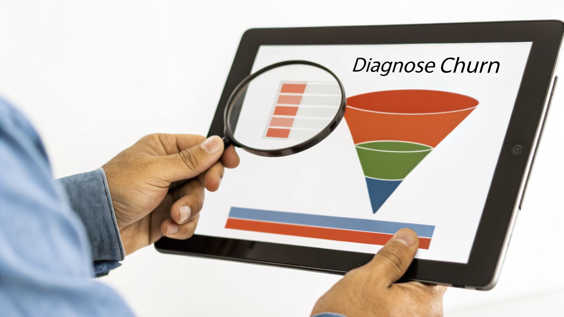 A person's hand holds a tablet displaying a colorful funnel graphic labeled "Diagnose Churn," alongside bar charts and a magnifying glass emphasizing the visual data.