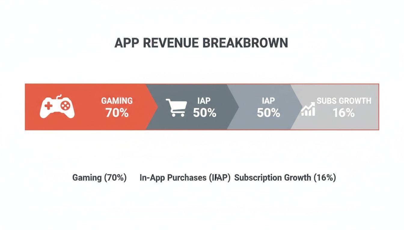 A graphic displaying app revenue breakdown: a red section labeled "Gaming 70%", followed by sections for "IAP 50%", "IAP 50%", and "Subs Growth 16%" with corresponding icons.
