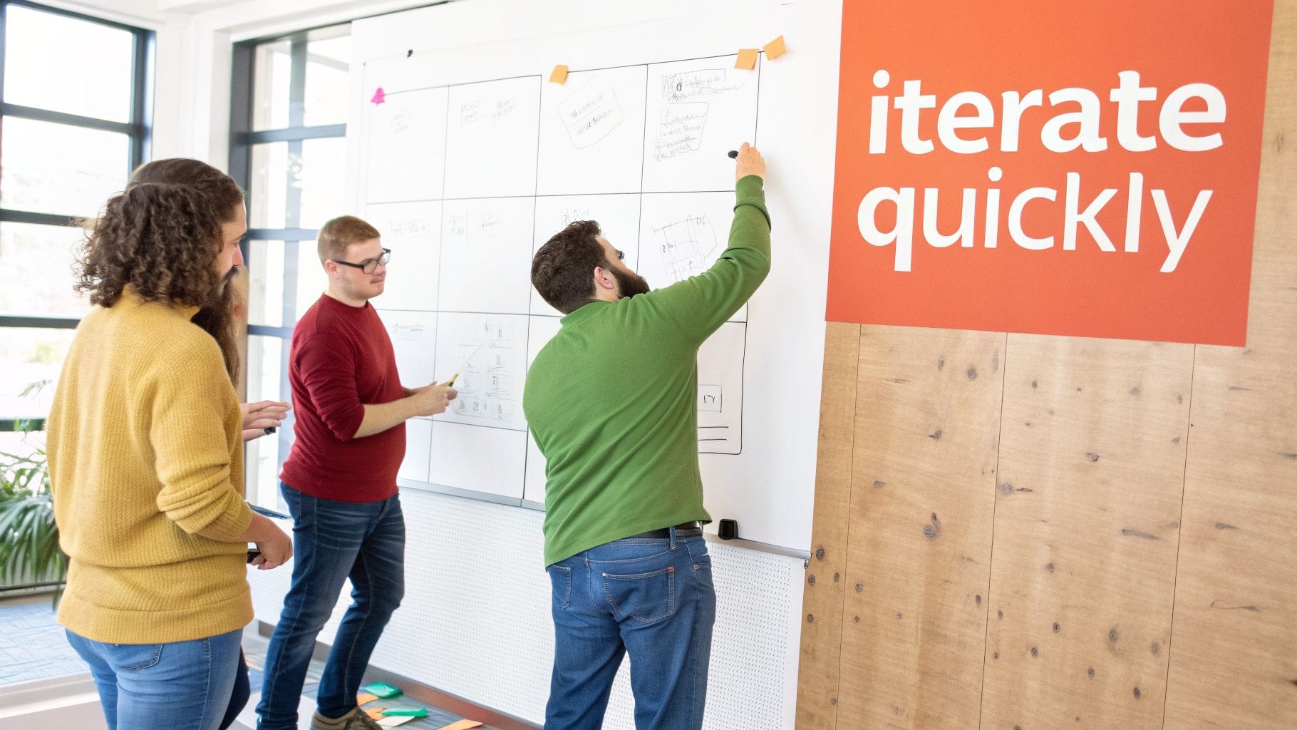 Three people collaborate in a bright room, discussing ideas near a large whiteboard covered in sketches. A bold orange sign reads "iterate quickly" on the wall behind them.