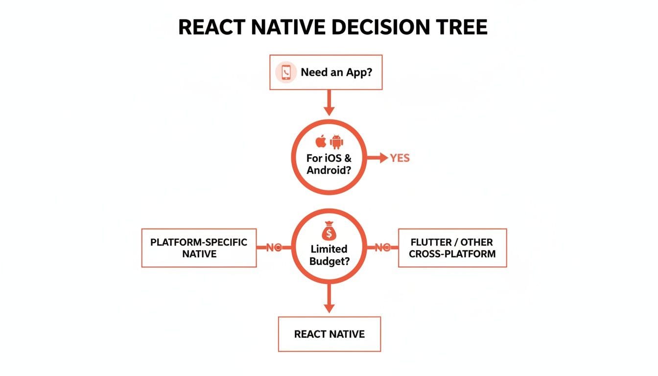 A decision tree diagram titled "React Native Decision Tree" with various options related to app development, including pathways for budget and platform preferences.