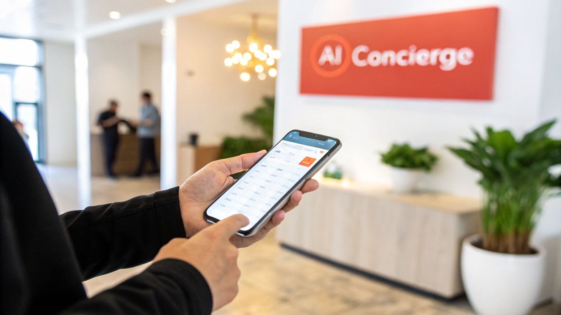 A person holding a smartphone displaying an app interface, with a modern office setting in the background featuring a sign that reads "AI Concierge" and green plants in white pots.