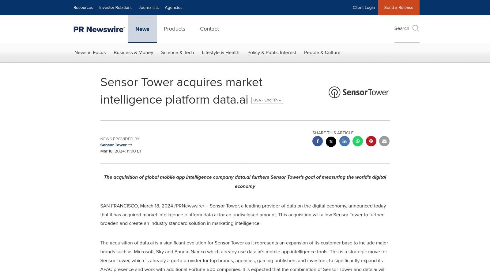 A webpage displaying a news release about Sensor Tower acquiring data.ai, featuring the Sensor Tower logo, section headings, and text discussing the acquisition's significance.