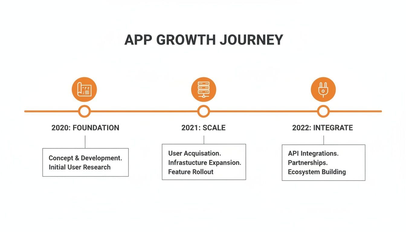 A timeline titled "App Growth Journey" displays three phases: 2020 Foundation (Concept & Development), 2021 Scale (User Acquisition, Infrastructure Expansion), and 2022 Integrate (API Integr