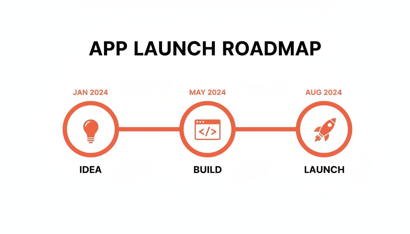 A roadmap graphic outlining three stages of app development: "Idea" in January 2024 with a lightbulb icon, "Build" in May 2024 with code icon, and "Launch" in August 2024 with a rocket icon.