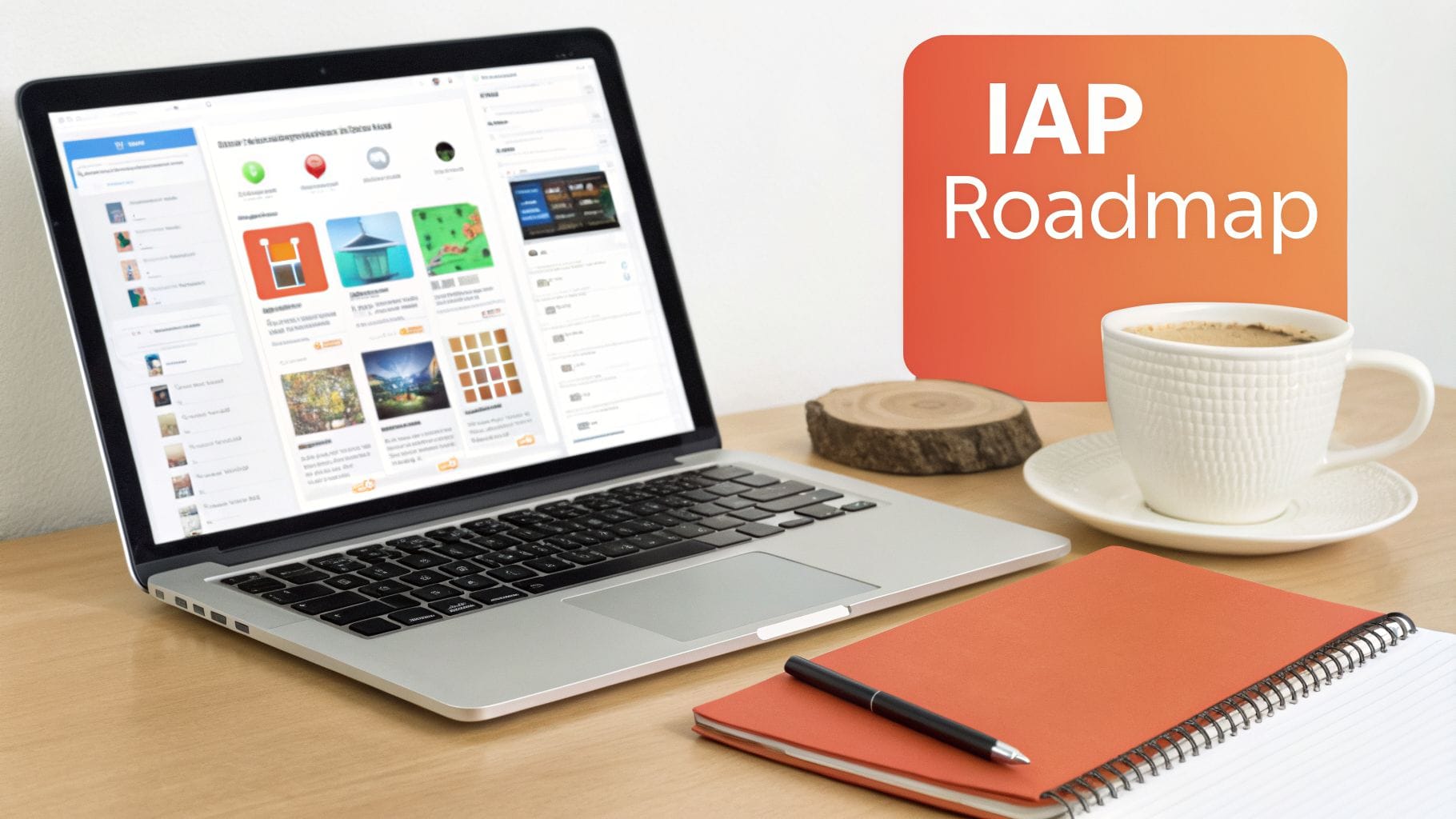 A laptop displaying an app interface on a wooden desk, with a cup of coffee, a notepad, and a pen beside it. An orange graphic with "IAP Roadmap" is visible.