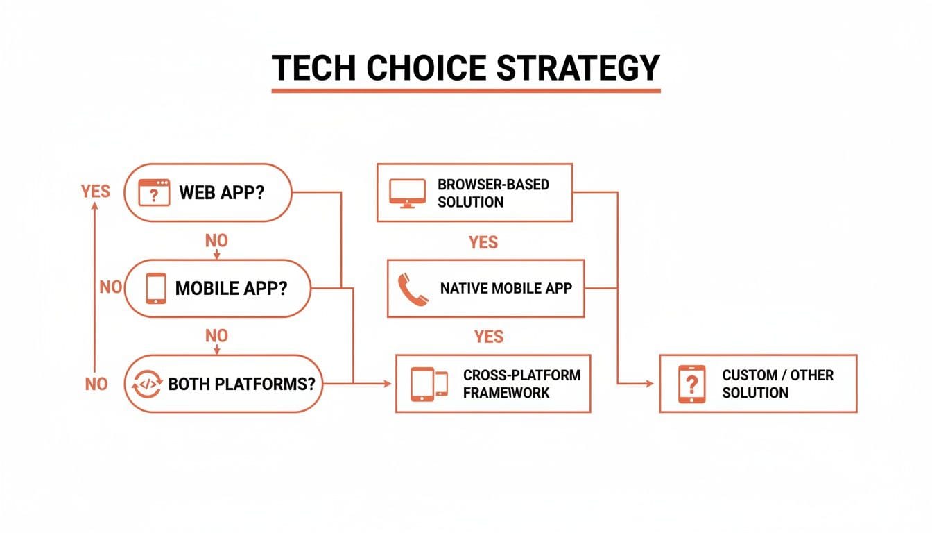 Flowchart titled "Tech Choice Strategy" showing decision points for different app types: web app, mobile app, both platforms, leading to solutions like browser-based or custom options.