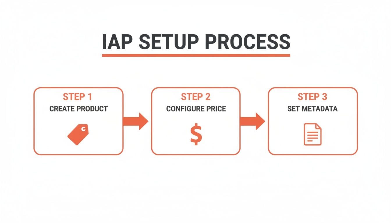 Flowchart outlining the IAP setup process with three steps: Step 1 - Create Product, Step 2 - Configure Price, Step 3 - Set Metadata. Each step is indicated in labeled boxes with arrows.