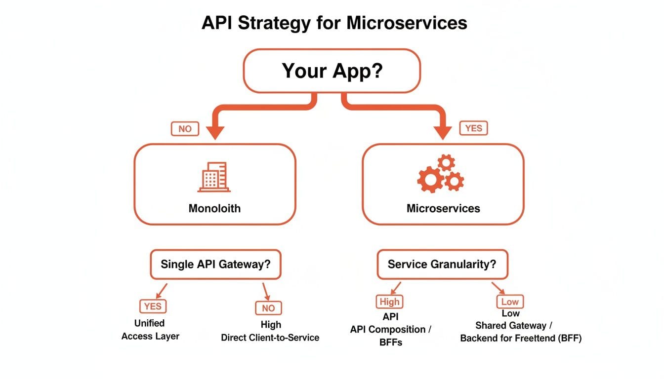 Flowchart illustrating API strategies for apps, showing paths for choosing between Monolith and Microservices based on API gateway and service granularity decisions.