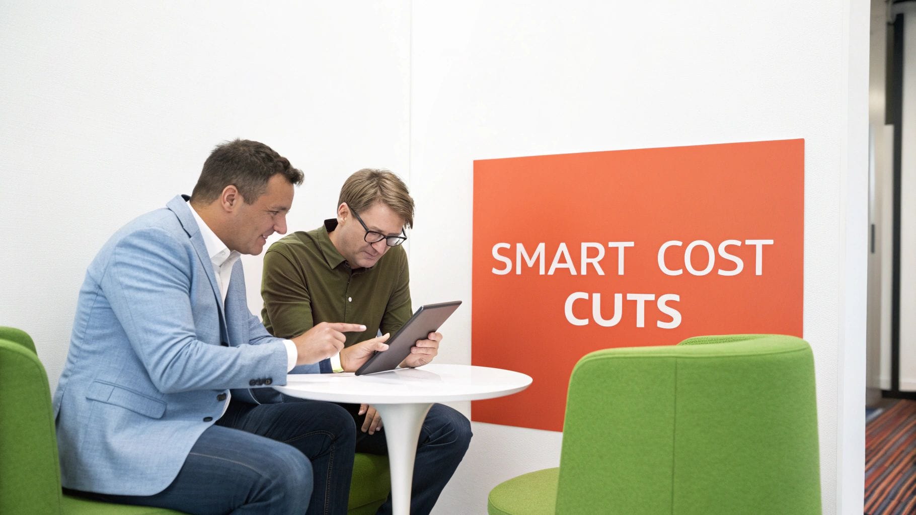 Two men sit at a small table discussing an app on a tablet, with green chairs around them. A bright orange sign on the wall reads "SMART COST CUTS.