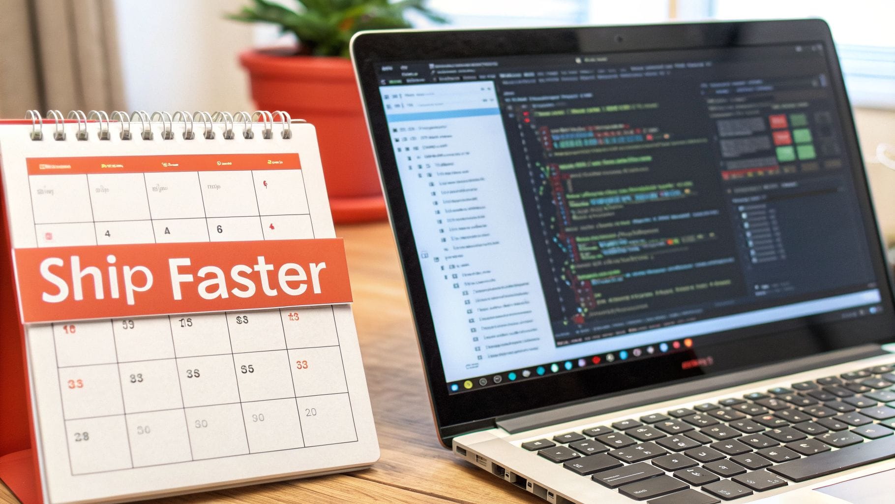A desk scene featuring a calendar displaying "Ship Faster" and a laptop screen filled with code and a file directory, with a plant in the background.