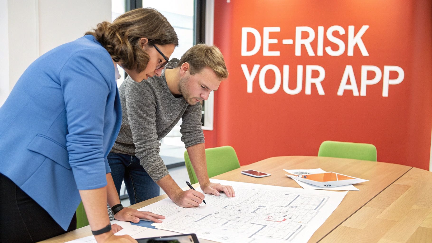 Two people are collaboratively reviewing wireframe plans on a table, with one taking notes. A bright red wall behind them displays the text "DE-RISK YOUR APP.