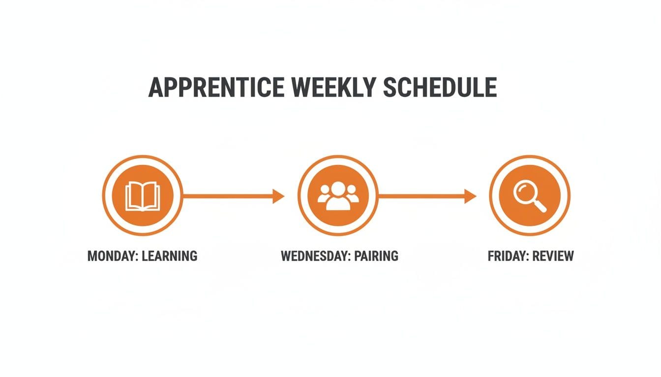 Weekly schedule for apprentices outlined in three sections: Monday for learning (book icon), Wednesday for pairing (group icon), and Friday for review (magnifying glass icon).