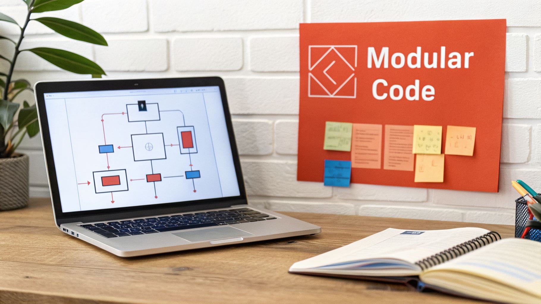 A laptop displays a flowchart, next to a bright red poster labeled "Modular Code," surrounded by sticky notes. A green plant and a notebook are also visible on the wooden desk.