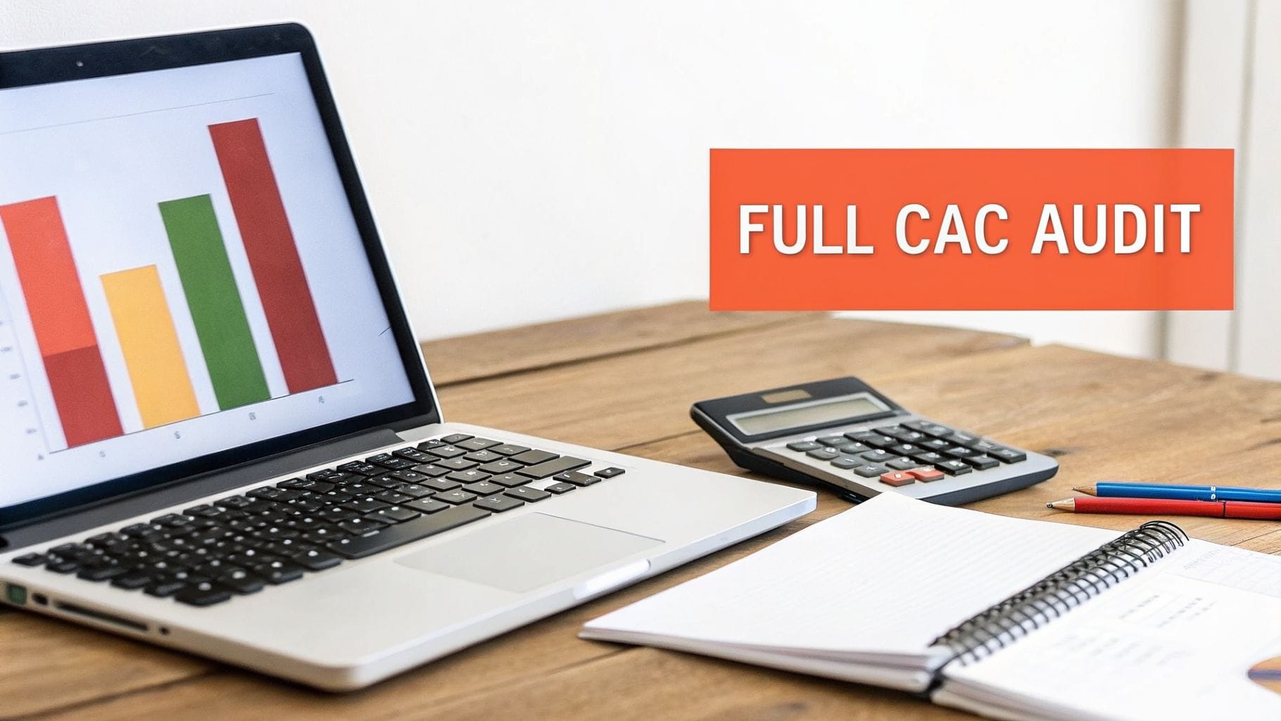 A laptop displaying a bar graph sits on a wooden desk alongside a calculator, a notebook, and colored pens. Bold orange text reads "FULL CAC AUDIT.