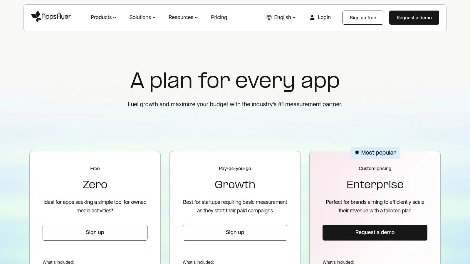 A webpage from AppsFlyer titled "A plan for every app" showcasing three pricing plans: Zero, Growth, and Enterprise, with a focus on the "Most popular" Enterprise option.