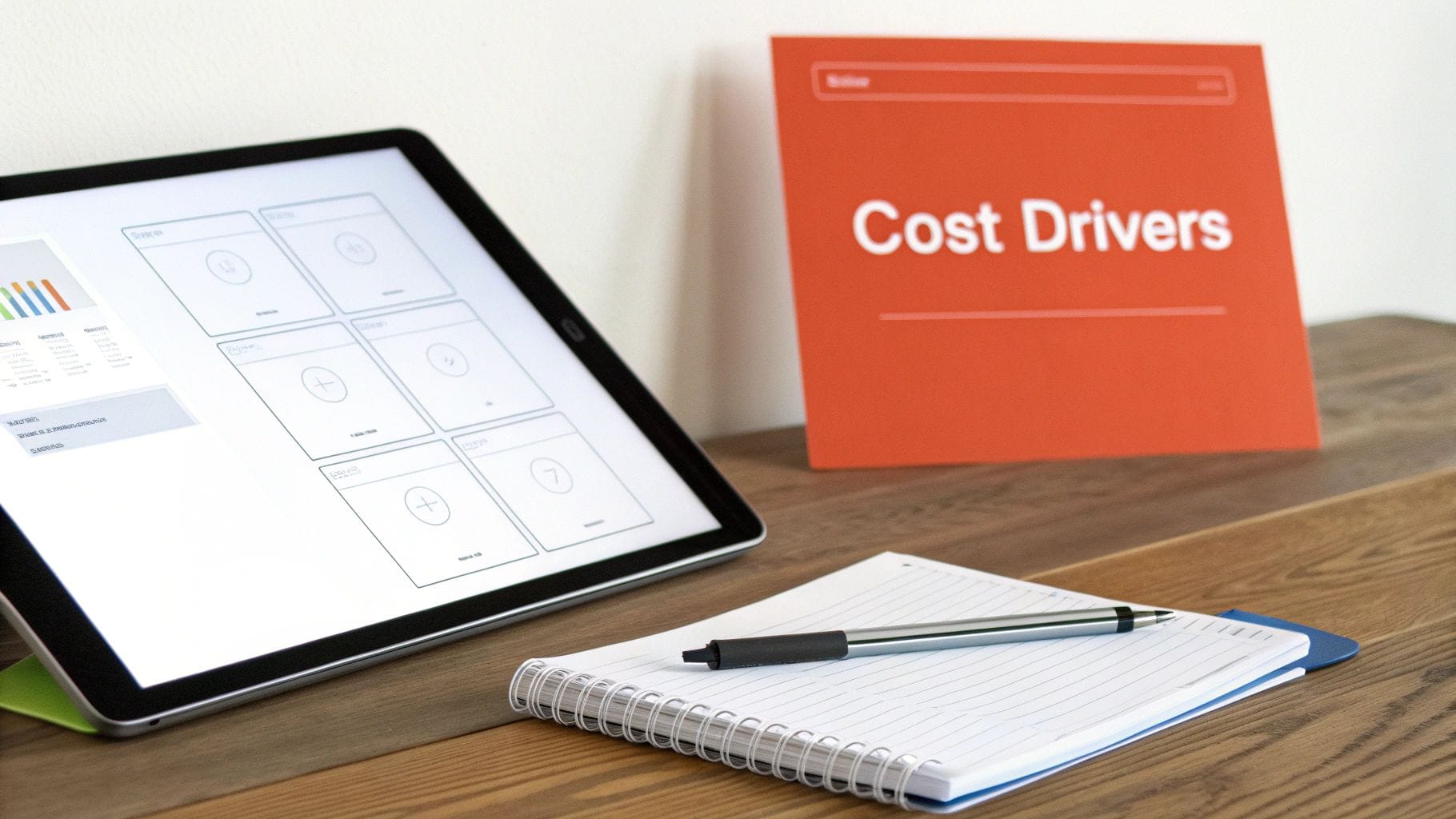 A tablet displays app design wireframes alongside a notebook and pen. A bright orange sign reads "Cost Drivers," placed on a wooden surface.