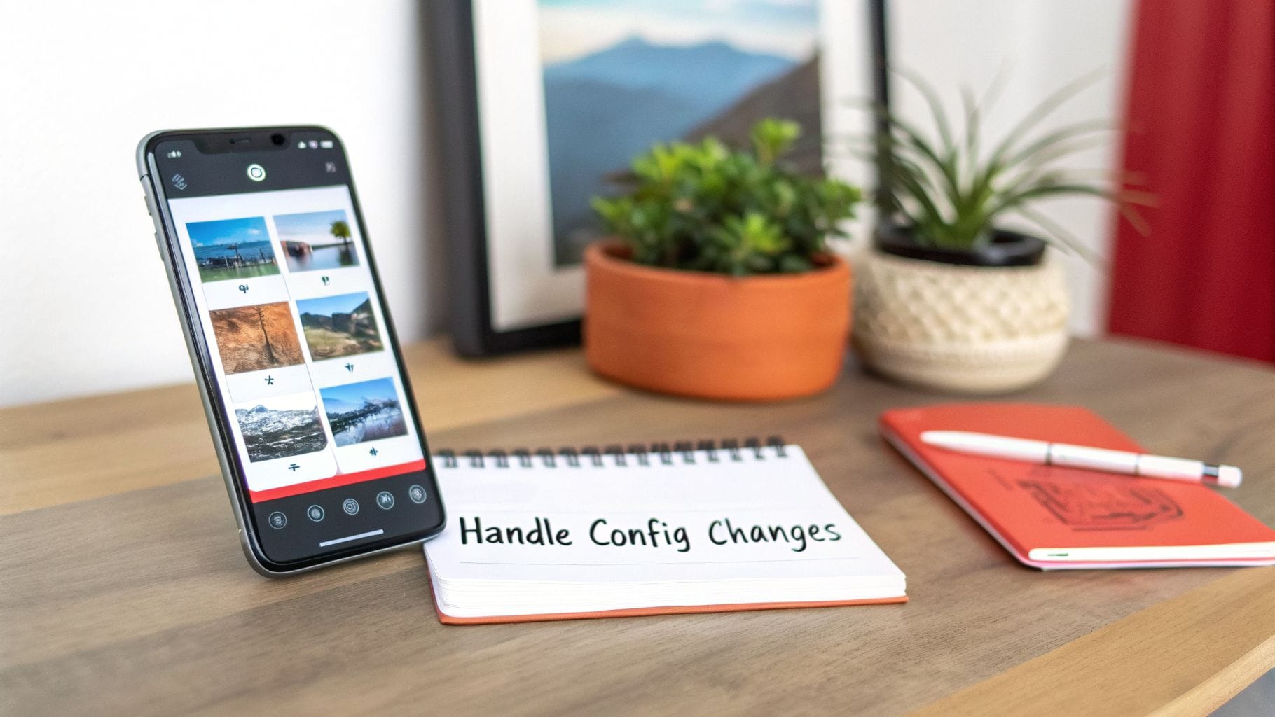 A smartphone displaying photo thumbnails rests on a wooden desk beside a notepad labeled "Handle Config Changes," a pen, and potted plants, with a framed picture in the background.