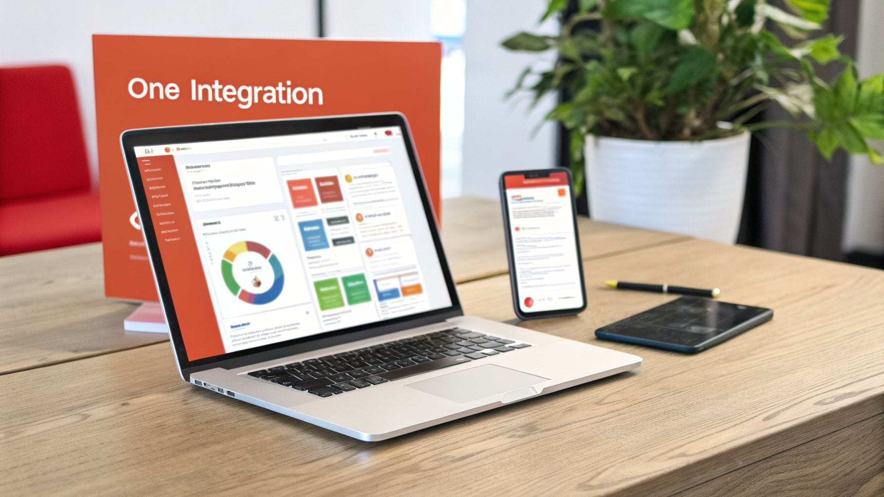 A laptop and smartphone display app dashboards on a wooden table, with a tablet and pen nearby. A sign in the background reads "One Integration." Green plants add a touch of nature.