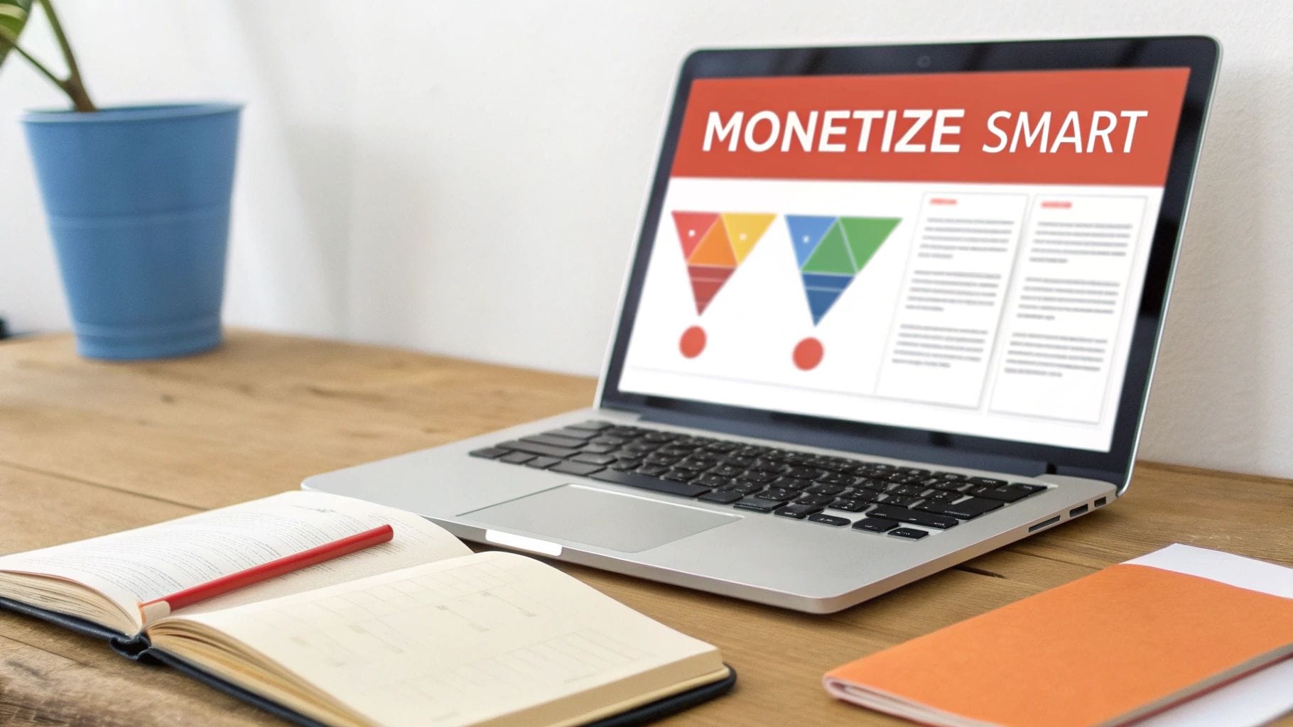 A laptop displaying the text "MONETIZE SMART" and colorful graphics is placed on a wooden table. An open notebook and an orange notebook are nearby, along with a blue plant pot in the backgr