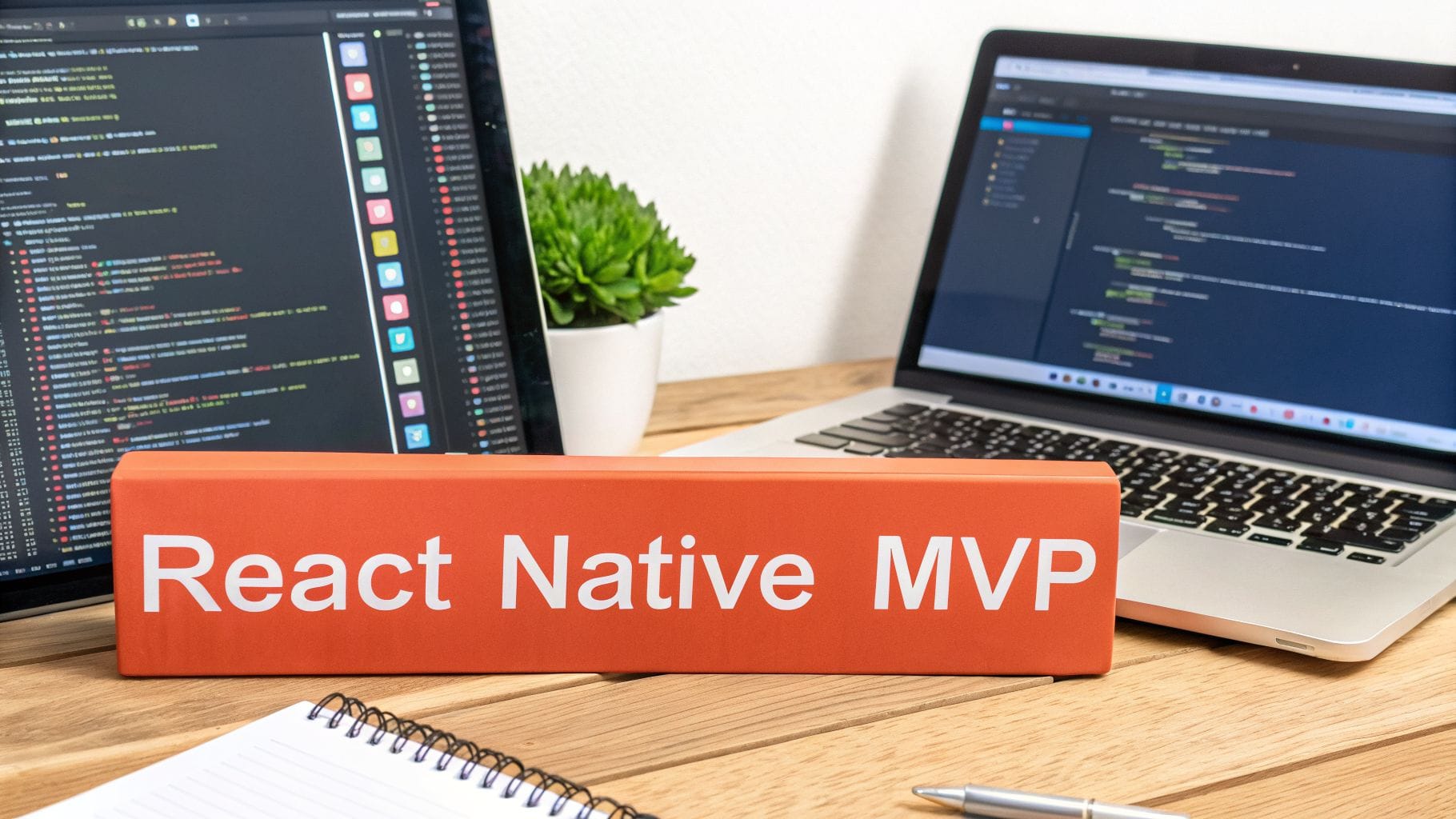 A wooden desk with two laptops displaying code, a small green plant, and an orange sign that reads "React Native MVP." Notes and a pen are nearby.