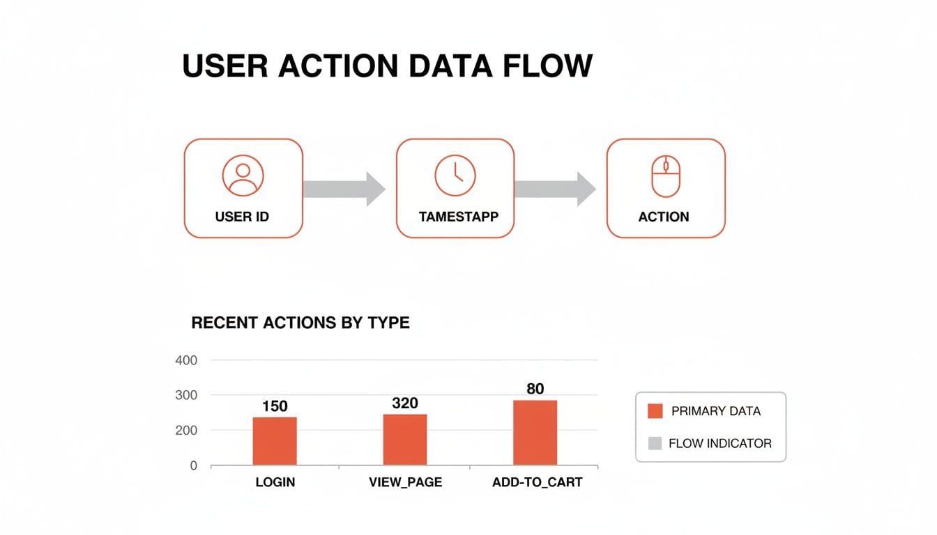 Infographic illustrating user action data flow with icons for user ID, timestamp, and action. Below, a bar graph shows recent actions: Login (150), View Page (320), Add to Cart (80).