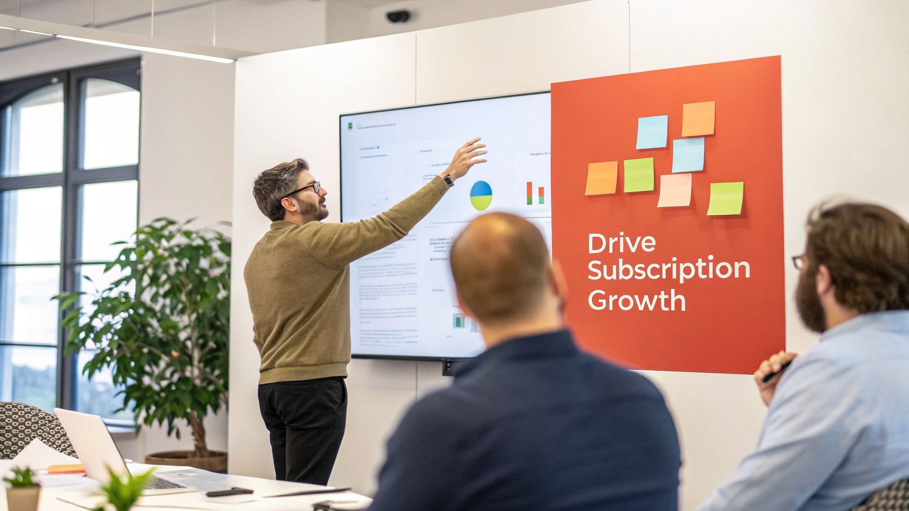 A presenter gestures towards a screen displaying graphs in a bright meeting room. Two audience members sit with their backs to the viewer, while a plant and a whiteboard are nearby.
