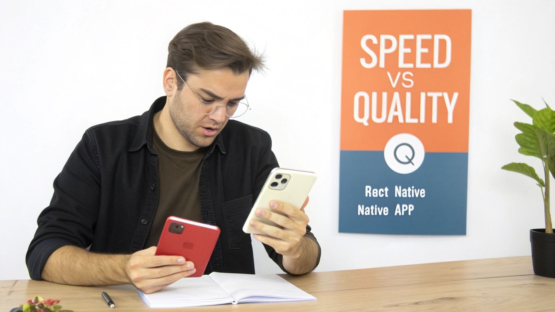 A man with glasses sits at a wooden desk, holding a red smartphone in one hand and a white smartphone in the other, looking thoughtfully at them. A poster on the wall reads "SPEED VS QUALITY