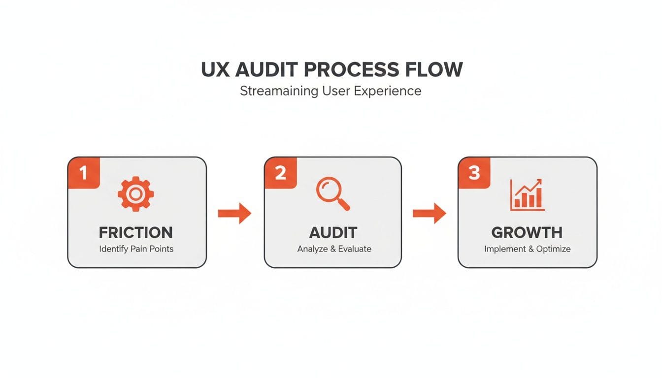 Three-step UX audit process flow: 1. Friction - Identify pain points; 2. Audit - Analyze & evaluate; 3. Growth - Implement & optimize. Each step is shown in a labeled box with icons.