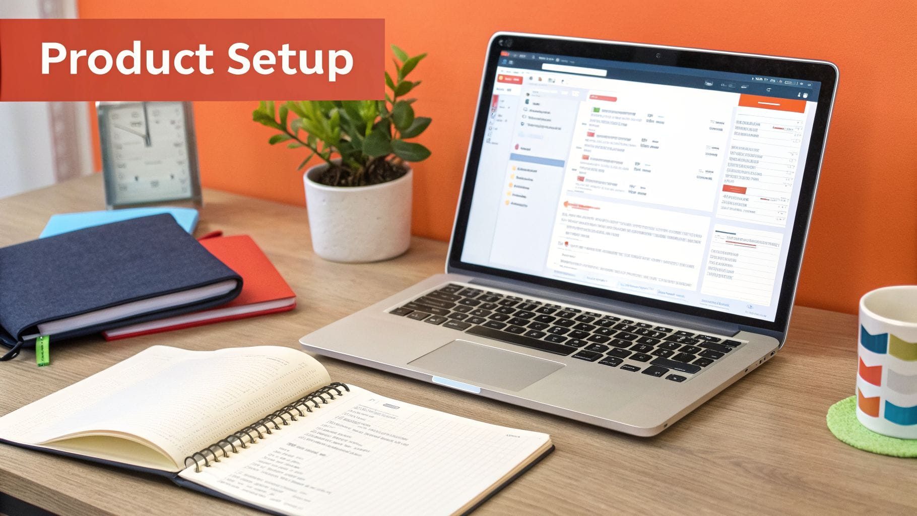A laptop displaying a product setup interface sits on a wooden desk with a spiral notebook, two additional notebooks, a clock, a small plant, and a colorful mug.