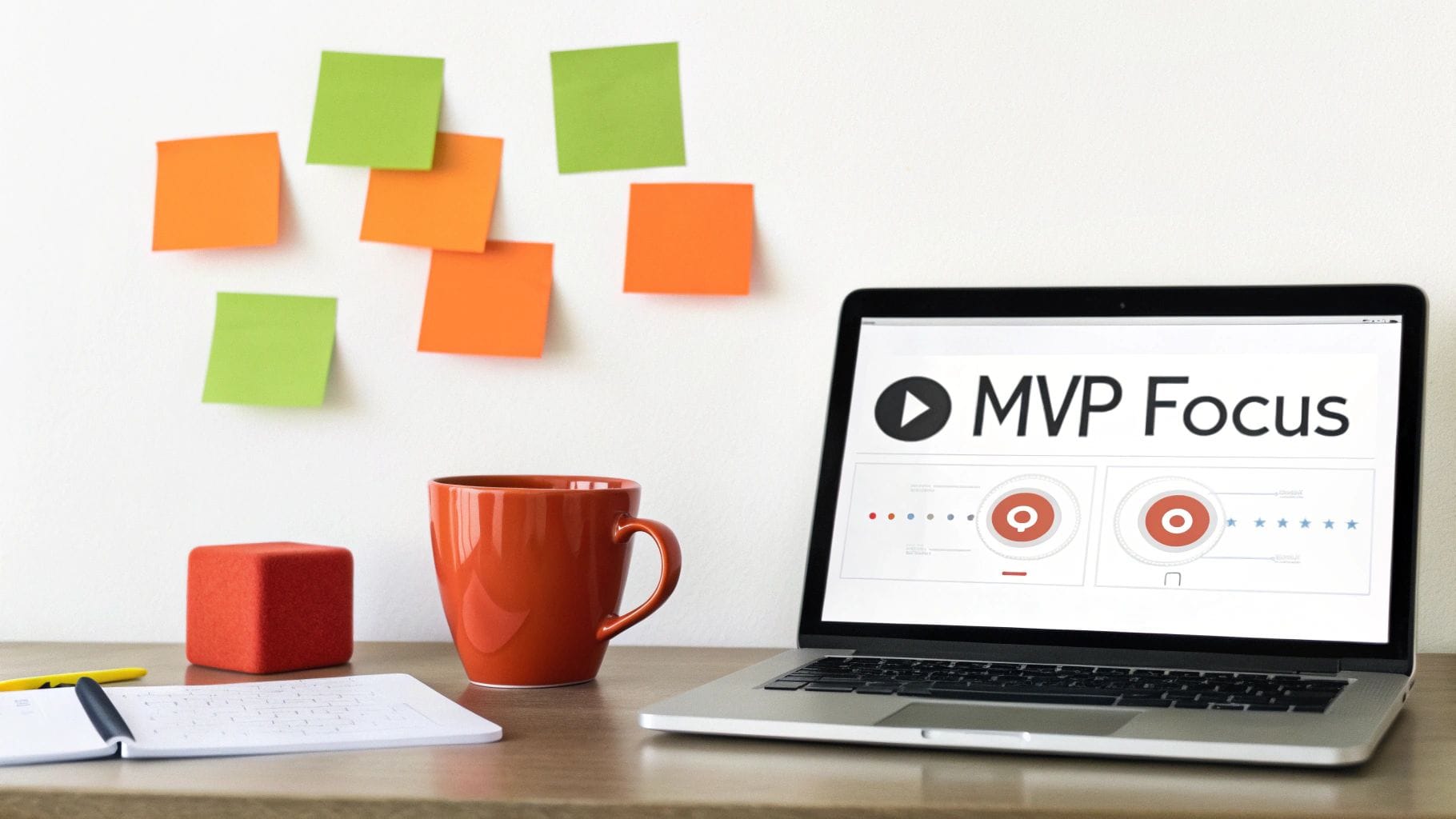 A laptop displays "MVP Focus" on its screen, with a red coffee mug and a red cube on a wooden desk. Colorful sticky notes are arranged on the wall behind. A notebook and yellow pen are nearb