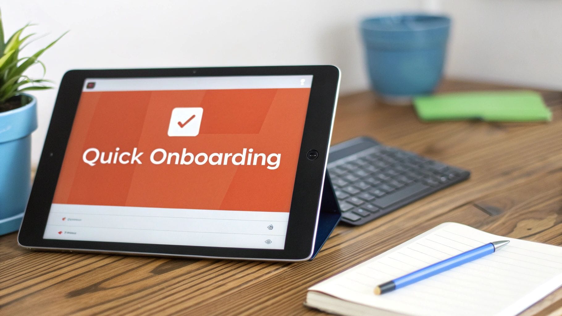 A tablet on a wooden desk displays "Quick Onboarding" in large, bold text on a bright orange background. Nearby are a blue plant pot, a notepad with a blue pen, and a small green folder.