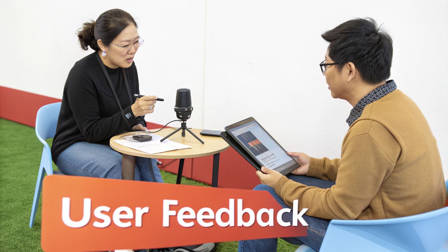 A woman and a man sit at a small table with a microphone and documents. The man reviews content on a tablet, while the woman takes notes and gestures with a pen. A sign reads "User Feedback.