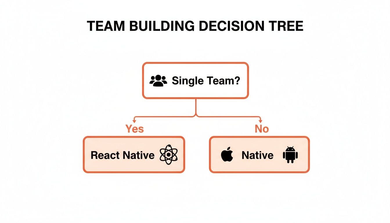 Decision tree titled "Team Building Decision Tree," presenting a flowchart with options based on whether a startup has a single development team, leading to React Native or Native choices.