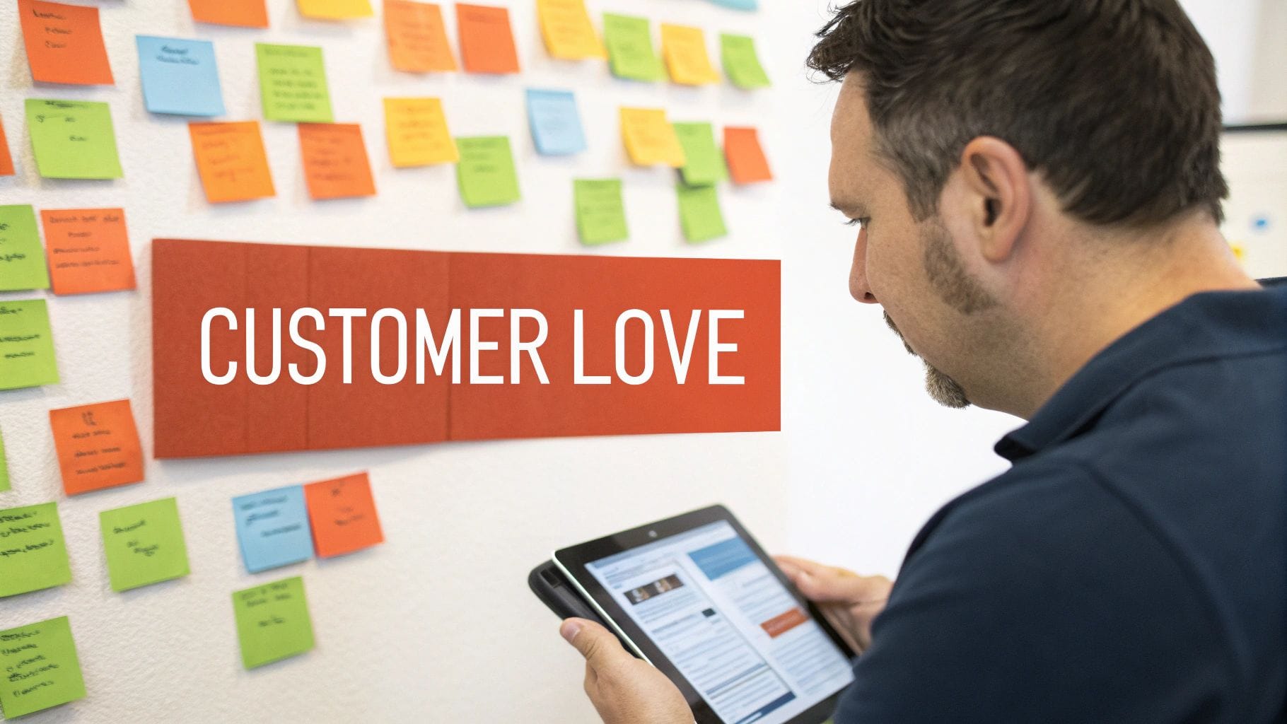 A man examines a tablet while facing a wall covered with colorful sticky notes. The phrase "CUSTOMER LOVE" is prominently displayed on the wall in bold, orange letters.