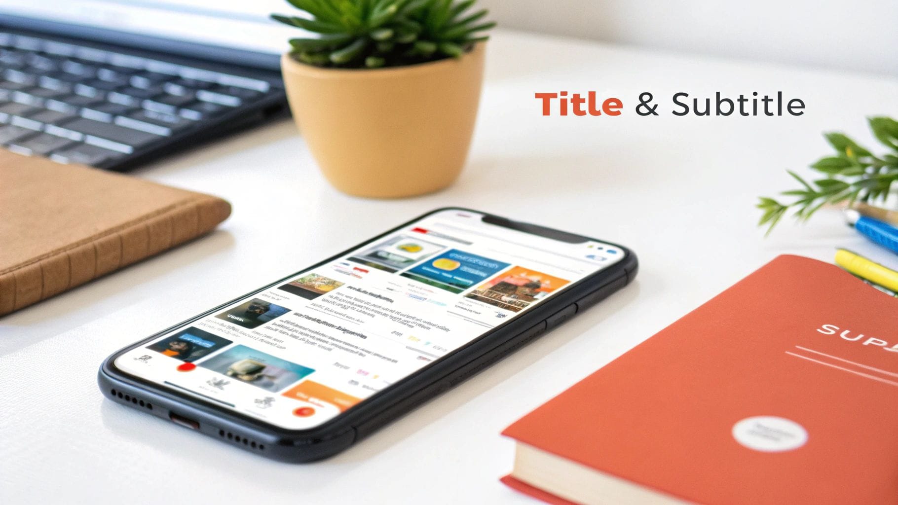 A smartphone displaying an app store with various app icons sits on a white desk beside a small potted plant, a brown notebook, and a red book labeled "SUPPLY.