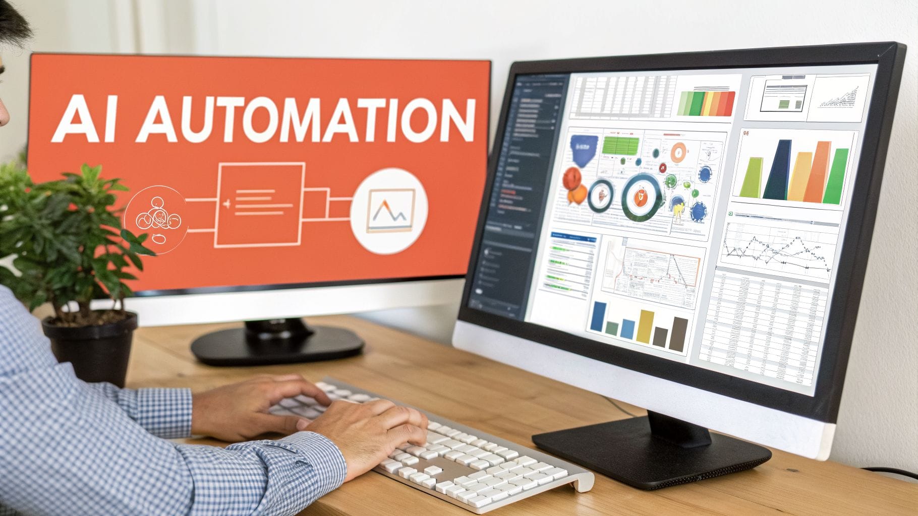 A person typing on a keyboard in front of two computer monitors. One displays "AI AUTOMATION" on a bright orange background, while the other shows various analytical graphs and data.