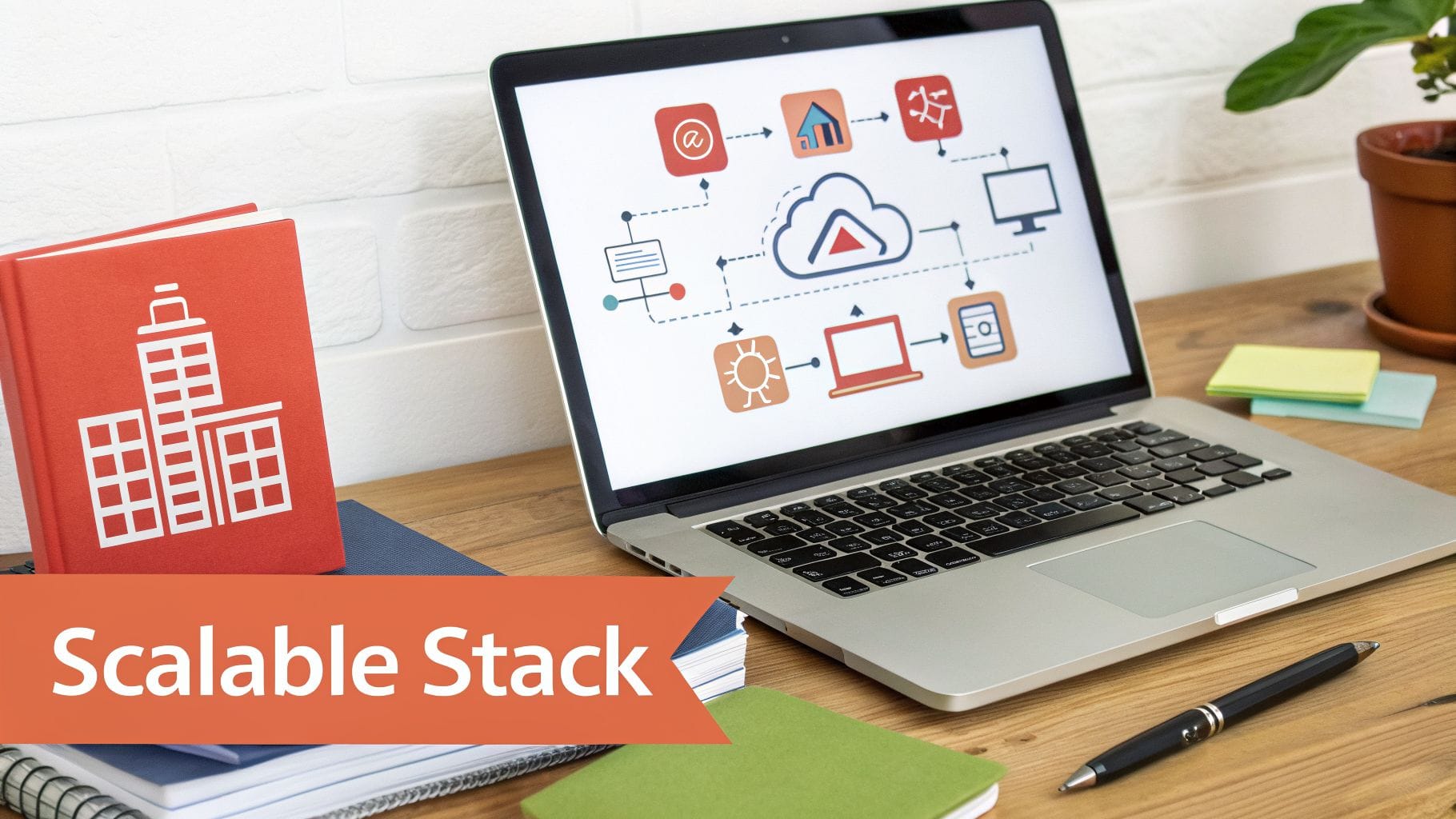 A laptop on a wooden desk displays a diagram illustrating a scalable tech stack with icons representing various digital tools. Nearby are notebooks, sticky notes, and a plant.