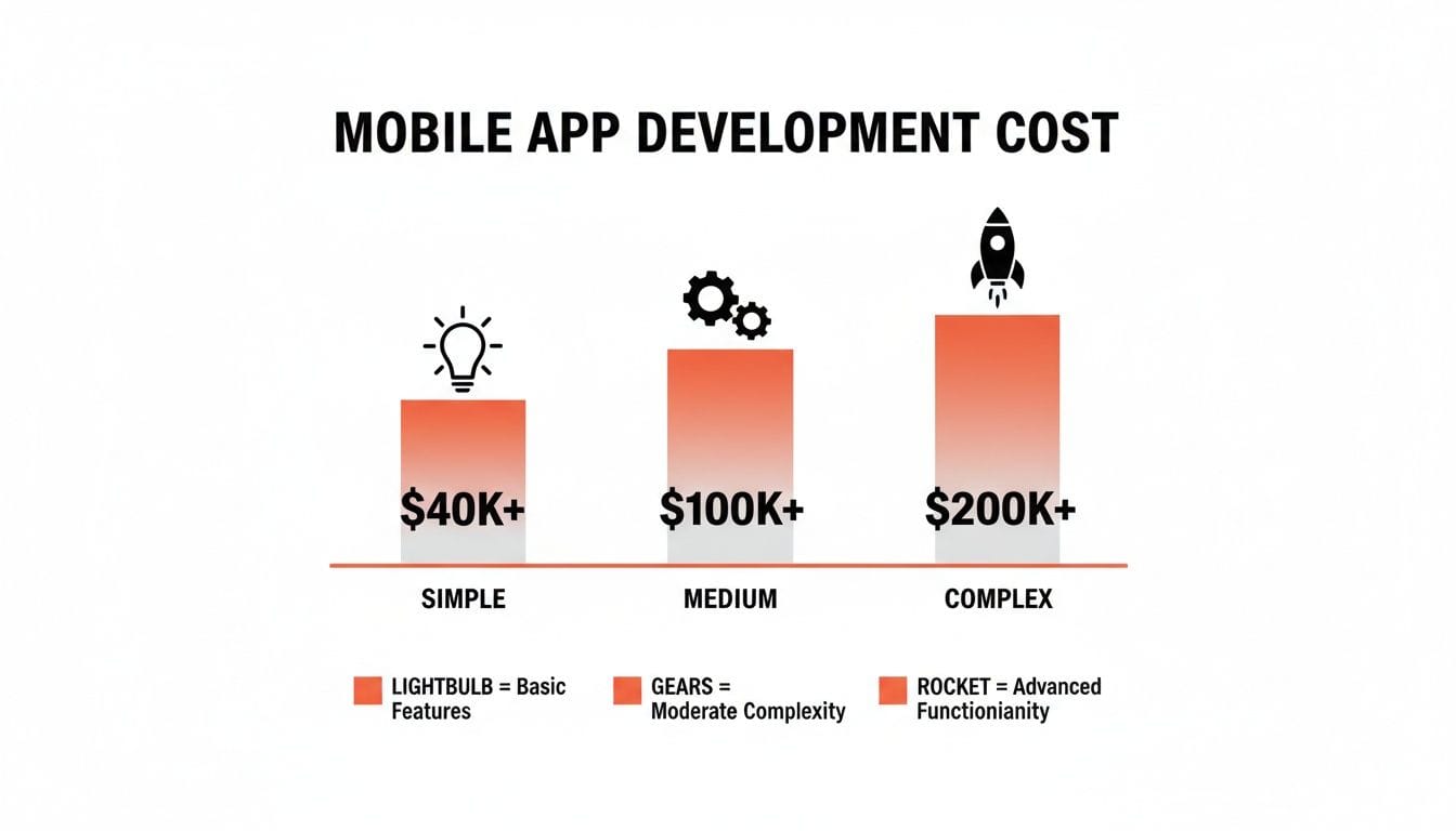 A bar chart showing mobile app development costs with three categories: Simple ($40K+ with a lightbulb icon), Medium ($100K+ with gears), and Complex ($200K+ with a rocket).