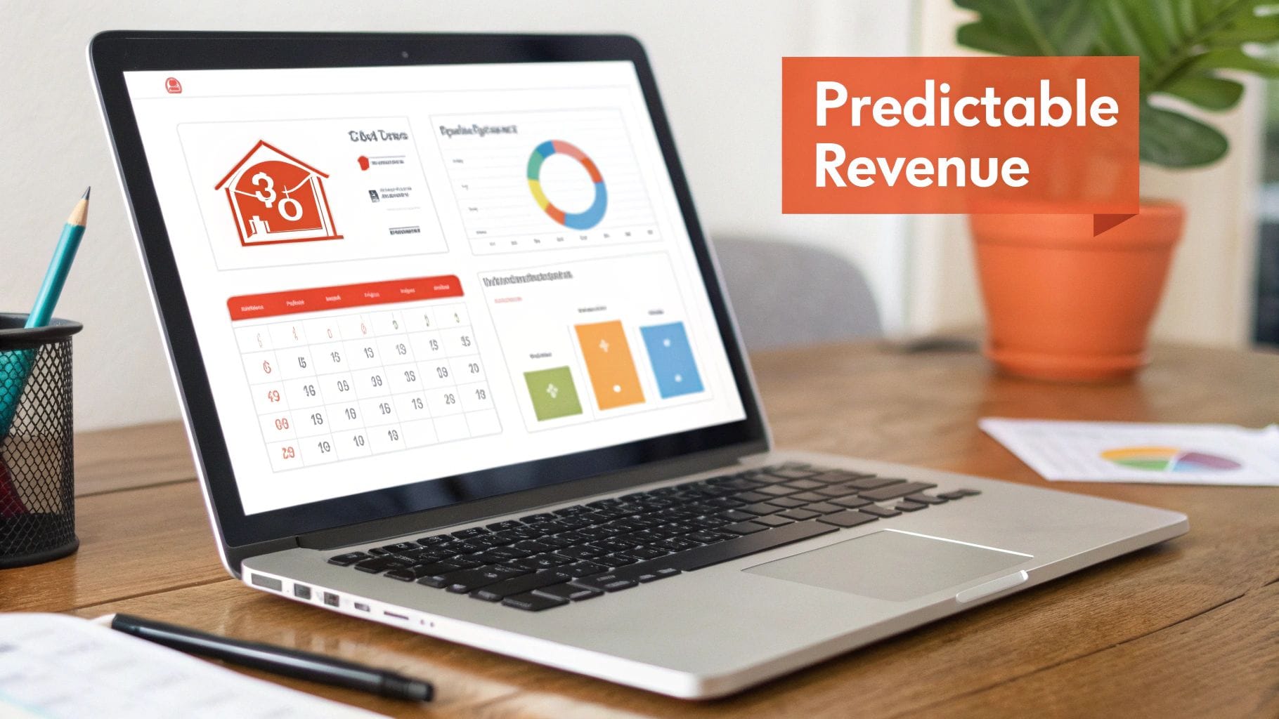 A laptop displays analytics dashboards with graphs and a calendar on a wooden desk, accompanied by a plant and stationery, highlighting the concept of predictable revenue.