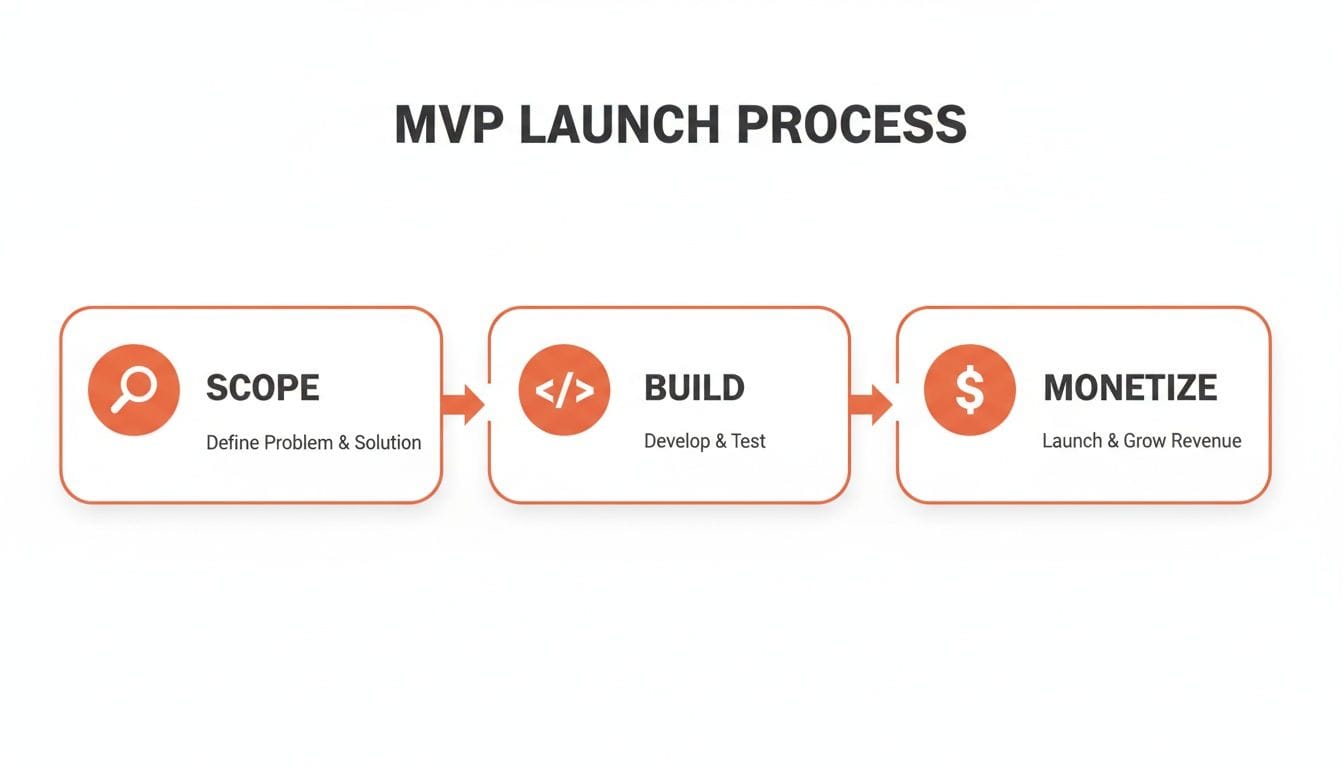 Flowchart illustrating the MVP launch process with three steps: "SCOPE" to define the problem, "BUILD" to develop and test, and "MONETIZE" to launch and grow revenue.