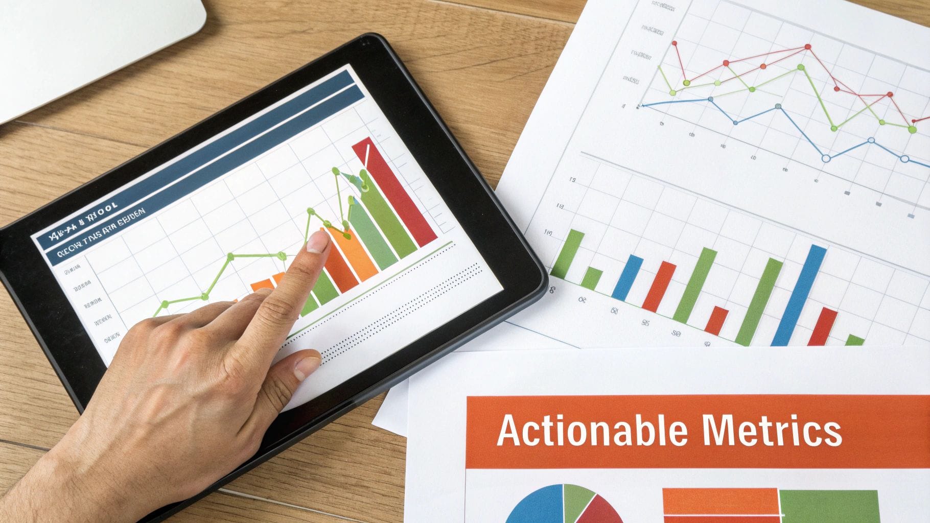 A hand points to a colorful graph on a tablet showing data trends, surrounded by printed graphs and a sheet titled "Actionable Metrics" on a wooden surface.