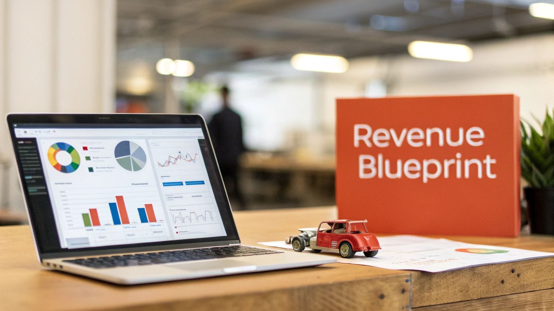 A laptop displays colorful graphs and charts, next to a small red toy car and a document, with a prominent orange sign reading "Revenue Blueprint" in a workspace environment.